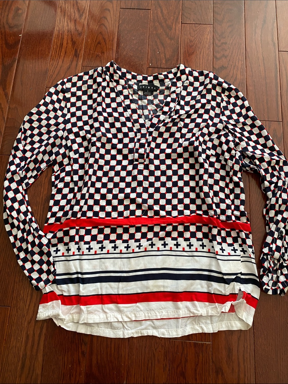 CAbi Red, Navy & White Geometric Long-Sleeve V-Neck Top